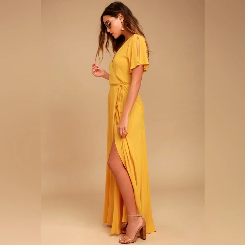♥️ Lulus Much Obliged Golden Yellow Wrap Maxi Dress - Picture 4 of 6
